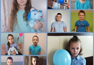 Uczniowie z klasy II b w niebieskich strojach jako znak solidarności z osobami autystycznymi